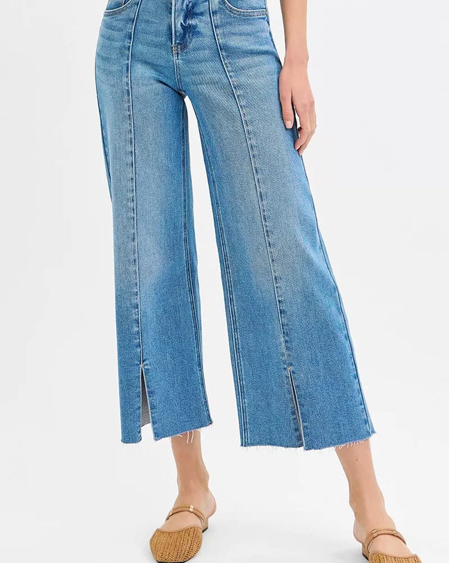 RISEN Tummy Control Mid Rise Crop Wide Front Slit Jeans - Sleekdenim.com
