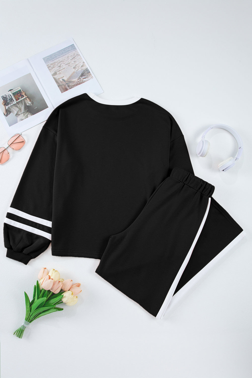 Chestnut Varsity Stripe Patchwork Puff Sleeve Pullover Drawstring Wide Leg Pant Set