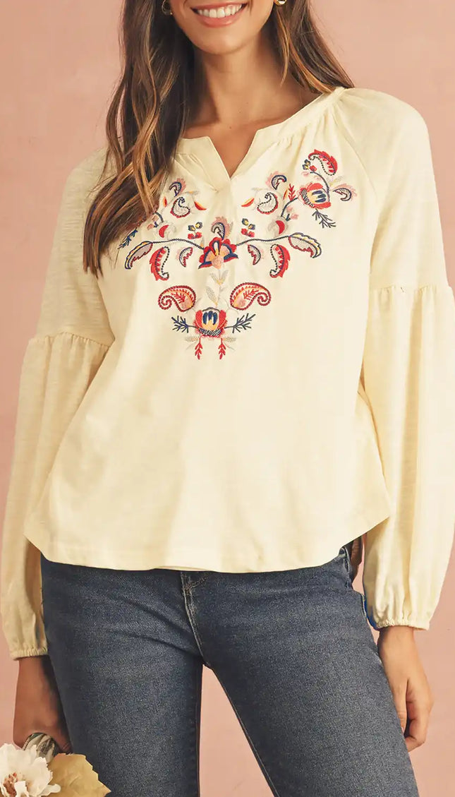 Apricot Paisley Floral Embroidered Notch V Neck Blouse - Sleekdenim.com