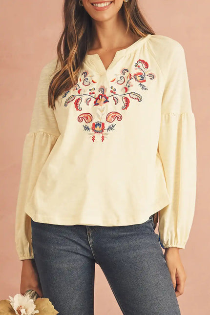 Apricot Paisley Floral Embroidered Notch V Neck Blouse - Sleekdenim.com
