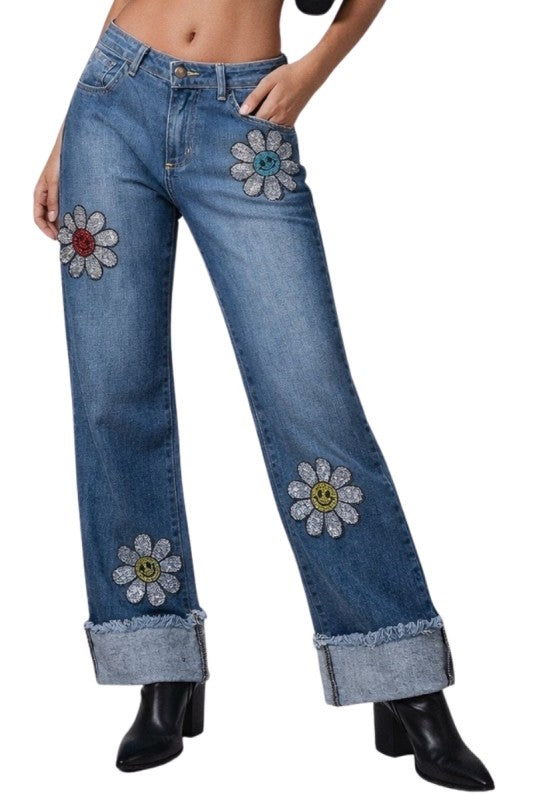 GJG Denim Low Rise Rhinestone Daisy Jean - Sleekdenim.com