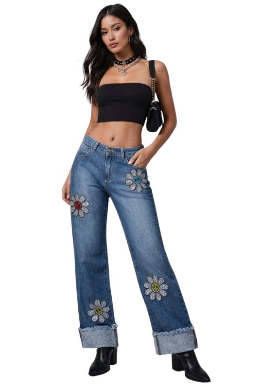 GJG Denim Low Rise Rhinestone Daisy Jean - Sleekdenim.com