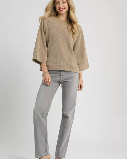 Umgee Textured Knit V-Neck Top - Sleekdenim.com