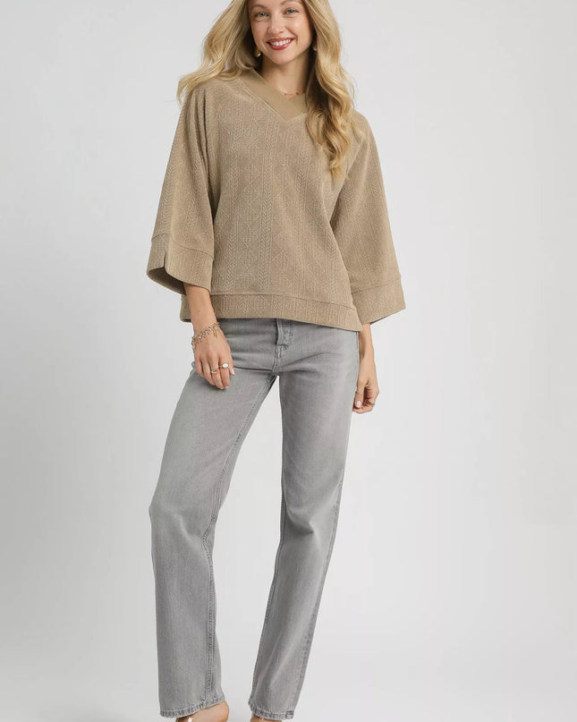 Umgee Textured Knit V-Neck Top - Sleekdenim.com