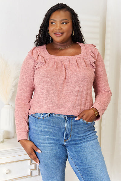 Double Take Square Neck Ruffle Shoulder Long Sleeve T-Shirt Dusty Pink