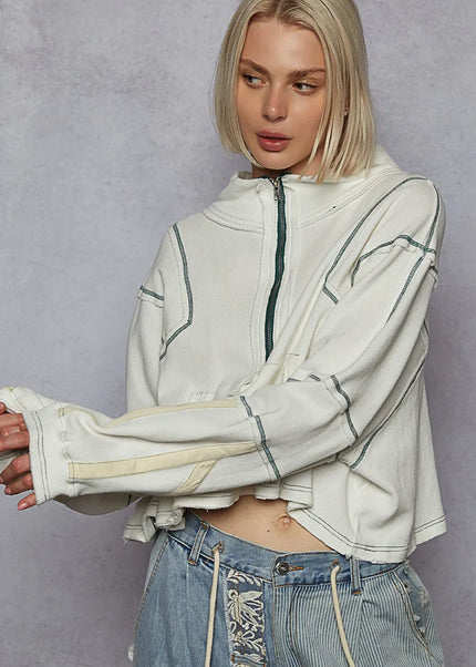 POL Contrast Stitching Zip Front Sweatshirt - Sleekdenim.com