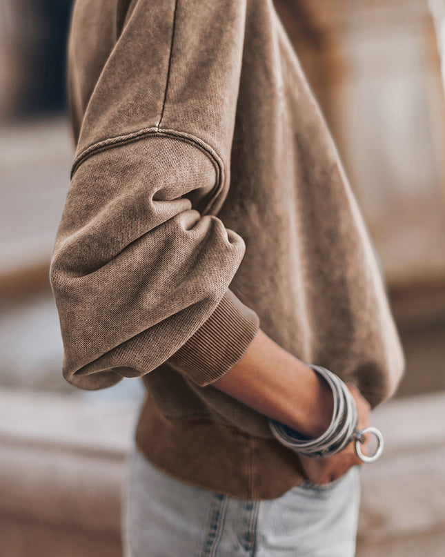 Brown Plain Drop Shoulder Crew Neck Pullover Sweatshirt