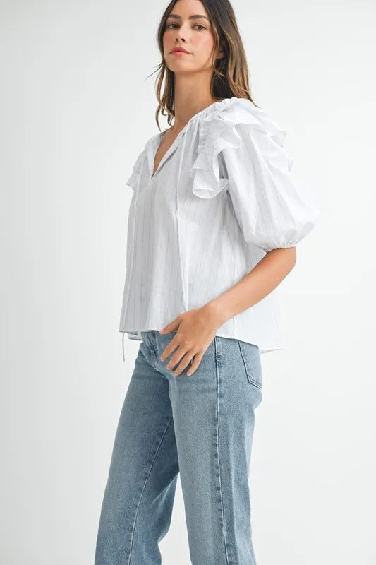 MABLE Stripe Ruffle Shoulder Puff Sleeve Blouse - Sleekdenim.com