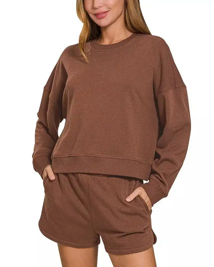 Zenana Fleece Long Sleeve Sweatshirts and Shorts Set - Sleekdenim.com