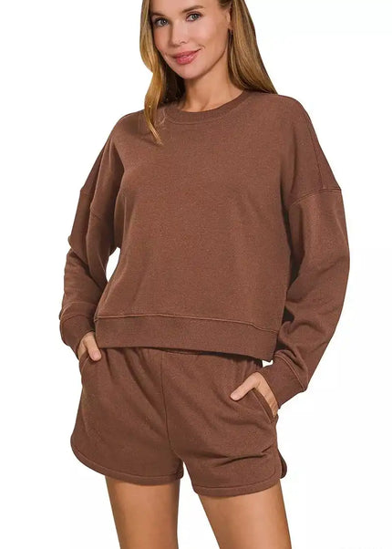 Zenana Fleece Long Sleeve Sweatshirts and Shorts Set - Sleekdenim.com
