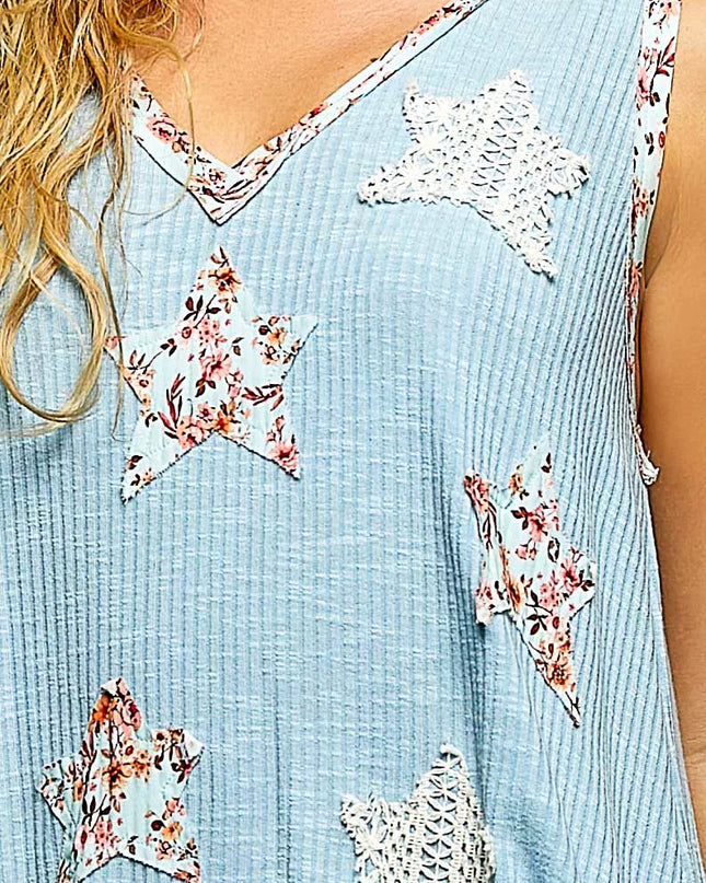 POL Washed Ribbed V-Neck Tank with Floral Print Star Patch - Sleekdenim.com