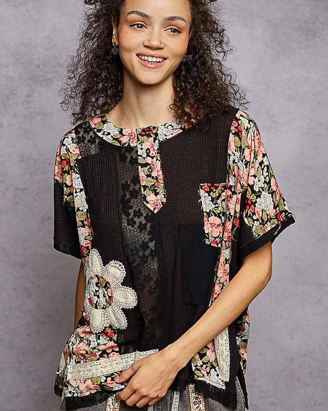 POL Lace Round Neck Short Sleeve Floral Pattern Top with Patch Detail - Sleekdenim.com