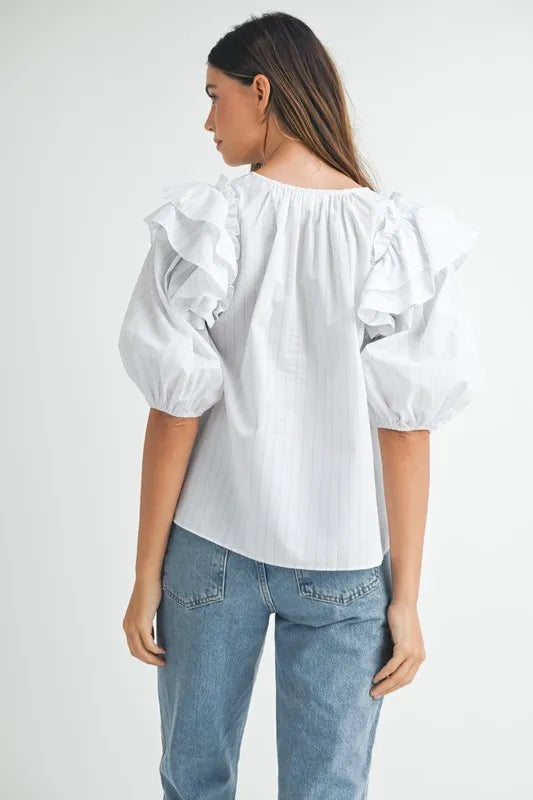 MABLE Stripe Ruffle Shoulder Puff Sleeve Blouse - Sleekdenim.com