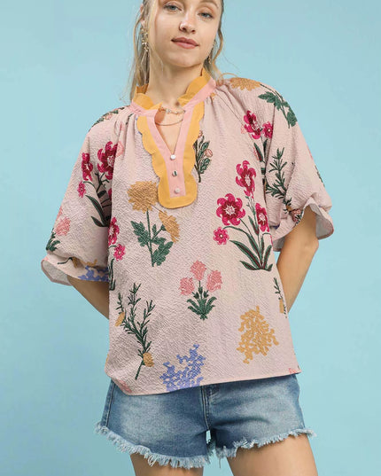 Umgee Floral Puff Sleeve Blouse with Scallop Trim Collar - Sleekdenim.com