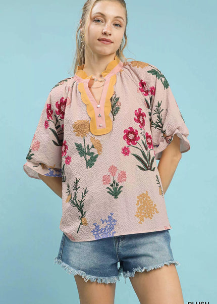 Umgee Floral Puff Sleeve Blouse with Scallop Trim Collar - Sleekdenim.com