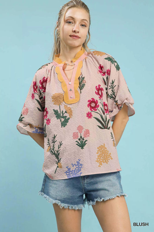 Umgee Floral Puff Sleeve Blouse with Scallop Trim Collar - Sleekdenim.com