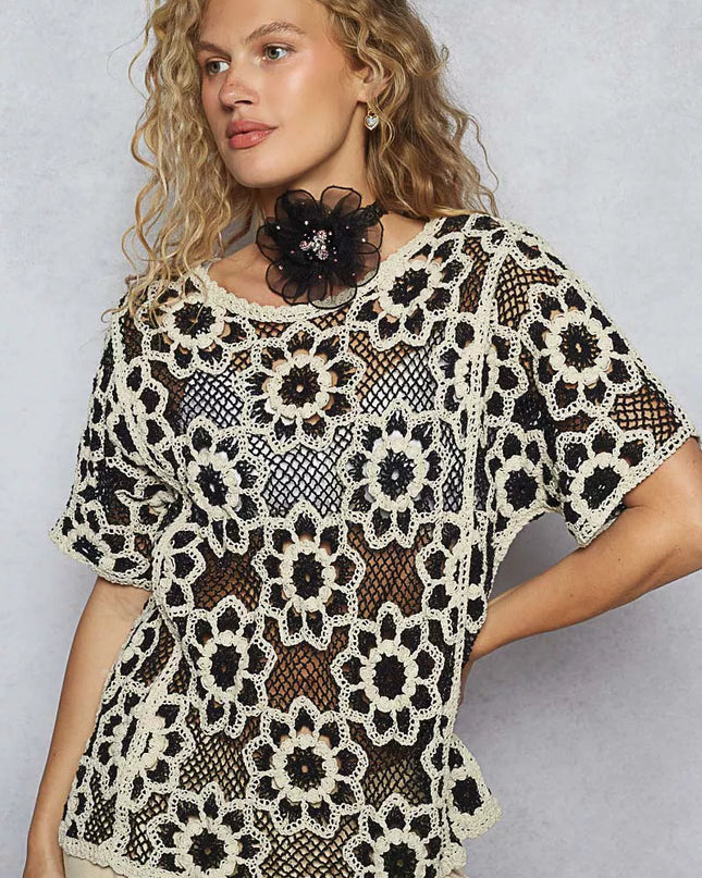 POL Openwork Short Sleeve Crochet Knit Top with Weave Knit Patterns - Sleekdenim.com