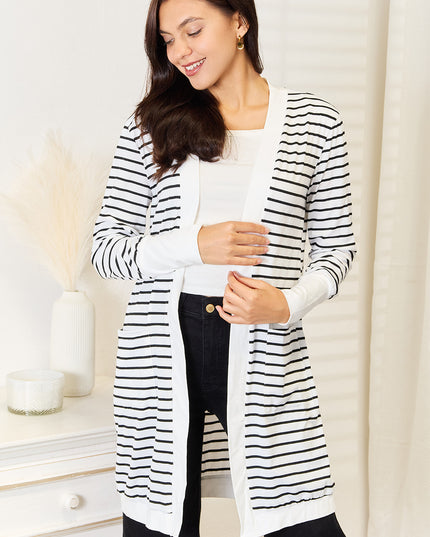 Double Take Striped Open Front Longline Cardigan - Sleekdenim.com