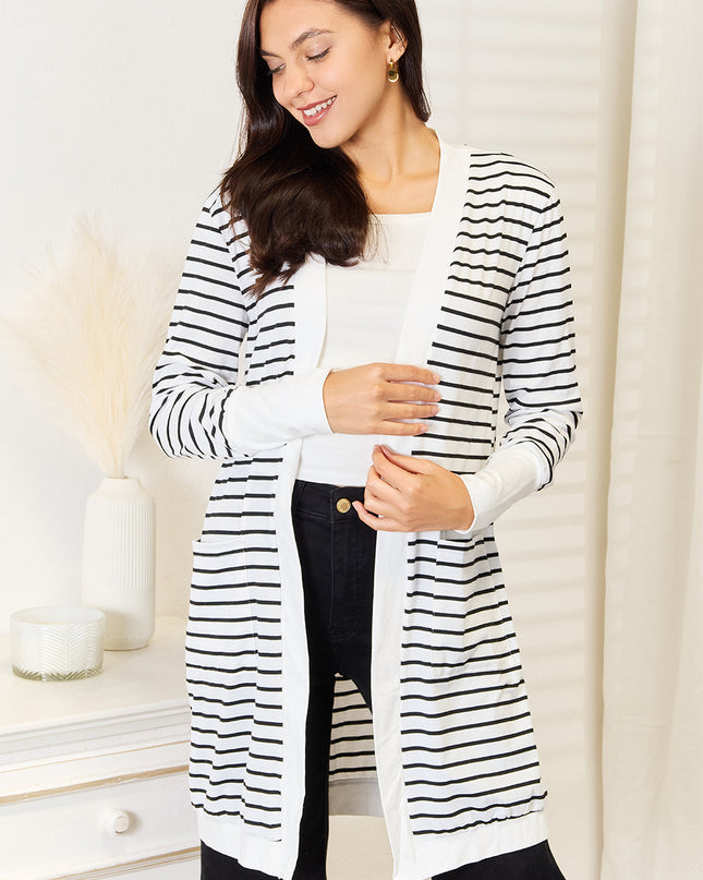 Double Take Striped Open Front Longline Cardigan - Sleekdenim.com