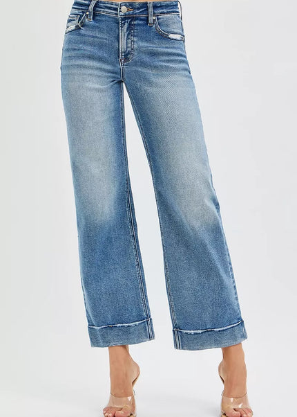 RISEN Full Size Mid Rise Crop Straight Jeans with Taylor Cuffed Plus Size - Sleekdenim.com