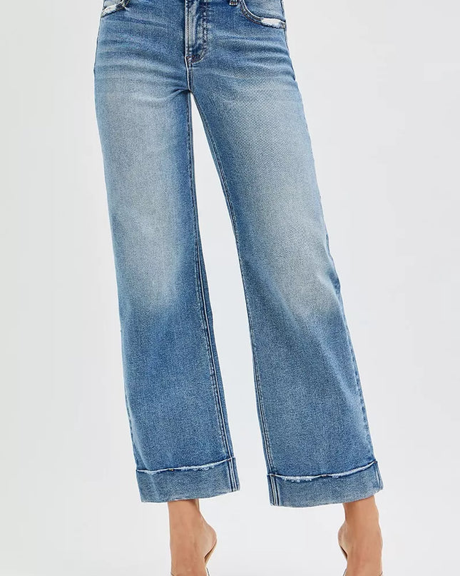 RISEN Full Size Mid Rise Crop Straight Jeans with Taylor Cuffed Plus Size - Sleekdenim.com
