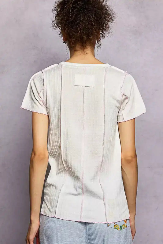 POL V-Neck Short Sleeve Top with Stitch Seam Detail - Sleekdenim.com