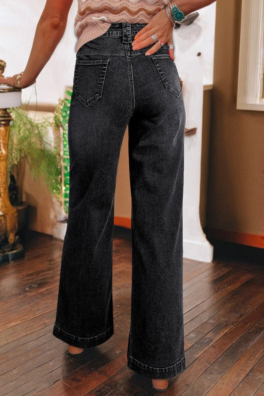 Denim Patch Pocket Wide Leg Jeans - Sleekdenim.com