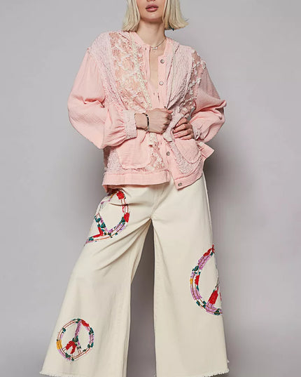 POL Exposed Seam Button Down Hooded Jacket with Lace Detail - Sleekdenim.com