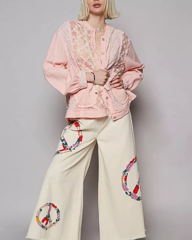 POL Exposed Seam Button Down Hooded Jacket with Lace Detail - Sleekdenim.com