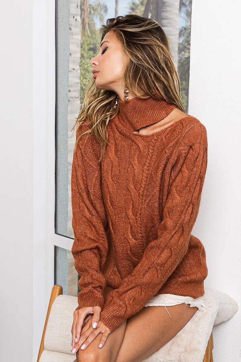 BiBi Twist Knitted Mock Neck Sweater Open One Shoulder