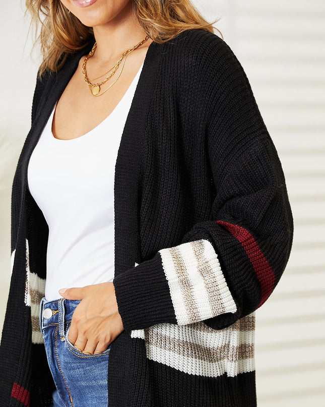 Perfee Striped Rib-Knit Drop Shoulder Open Front Cardigan - Sleekdenim.com