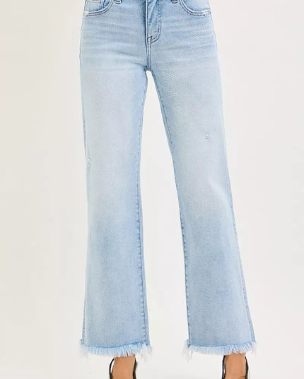 RISEN Tummy Control Mid Rise Ankle Straight Fray Hem Jeans - Sleekdenim.com