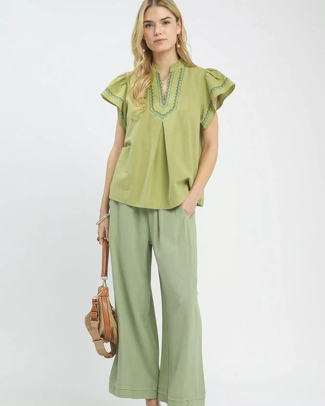 Umgee Embroidered Flutter Sleeve Blouse - Sleekdenim.com