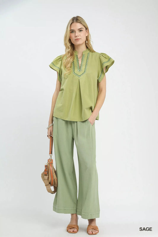 Umgee Embroidered Flutter Sleeve Blouse - Sleekdenim.com