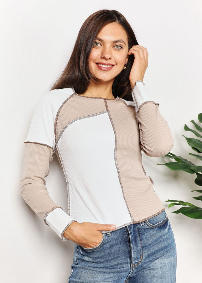 Double Take Color Block Exposed Seam Top - Sleekdenim.com