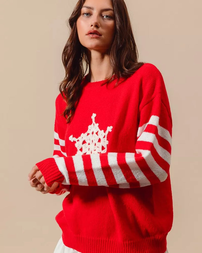 SO ME Christmas Snowflake Crochet Embellished Sweater - Sleekdenim.com