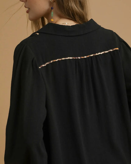Umgee Full Size Linen Scallop Hem Blouse with Contrast Trim Plus Size - Sleekdenim.com