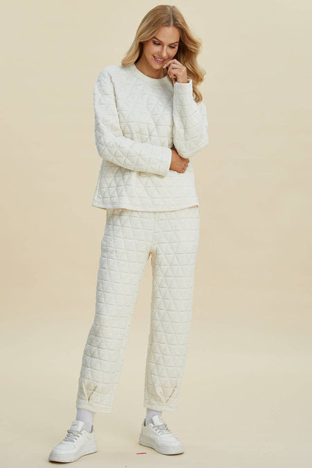 Double Take Full Size Texture Round Neck Long Sleeve Top and Pants Set | Sleekdenim.com