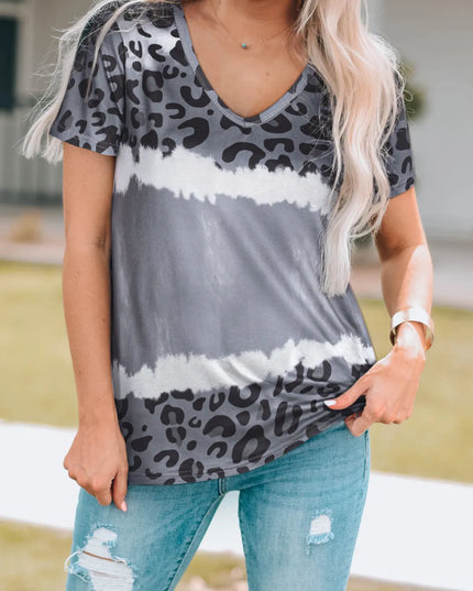 Leopard V-Neck Short Sleeve T-Shirt - Trendsi