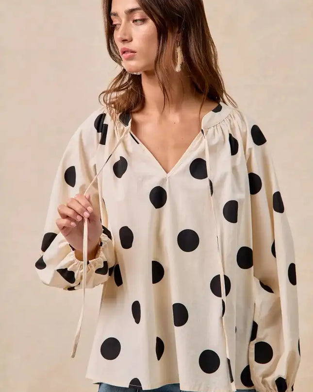 BiBi Polka Dot Exaggerated Balloon Sleeves Blouse - Sleekdenim.com