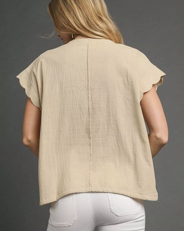 Umgee Embroidered Scallop Sleeve Top with Drawstring Hem - Sleekdenim.com
