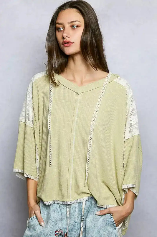 POL Short Sleeve Hoodie Top with Lace Detail