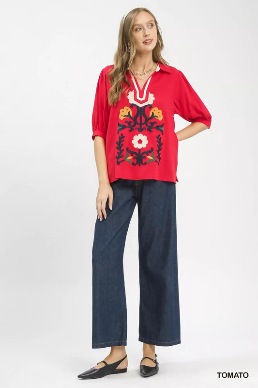 Umgee Mixed Media V-Neck Print Blouse - Image 4