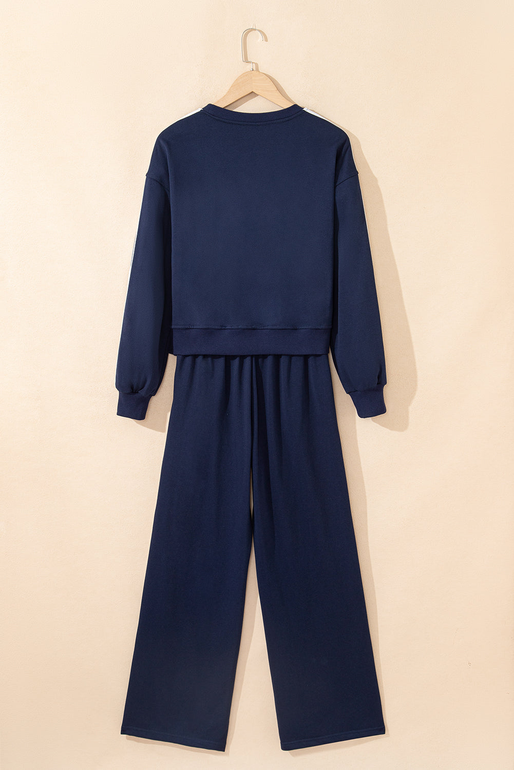 Black Varsity Striped Detail Cropped Pullover Wide Leg Pants 2pcs Outfit