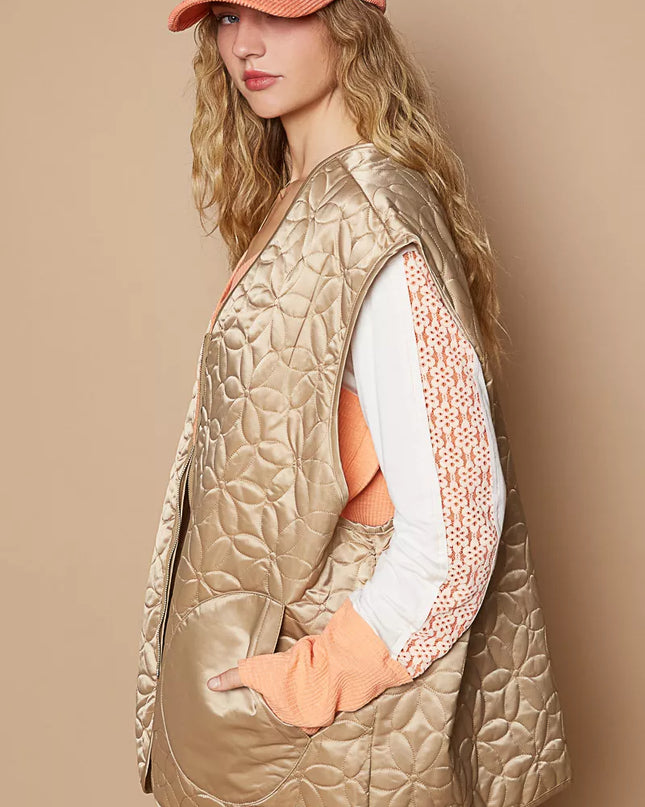 POL Front Zipper Floral Pattern Quilted Vest Coat with Front Pockets - Sleekdenim.com