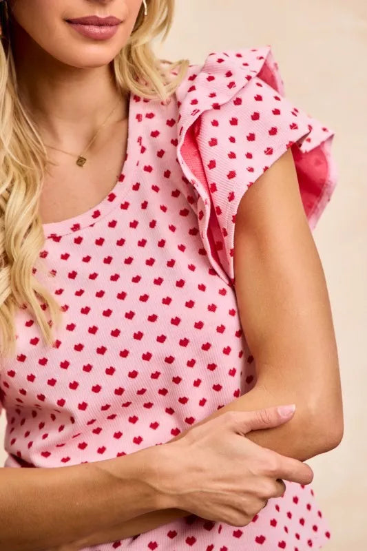 BiBi Heart Patterned Knit Ruffled Sleeves Top - Sleekdenim.com