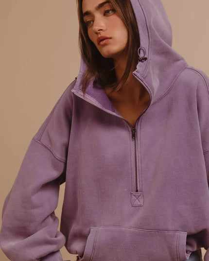 BiBi Stitch Detailed Elastic Hem Half Zip Fleece Hoodie - Sleekdenim.com