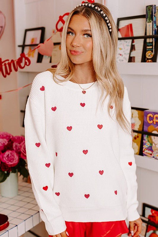 Red Heart Shape Drop Shoulder Round Neck Sweater | Sleekdenim.com