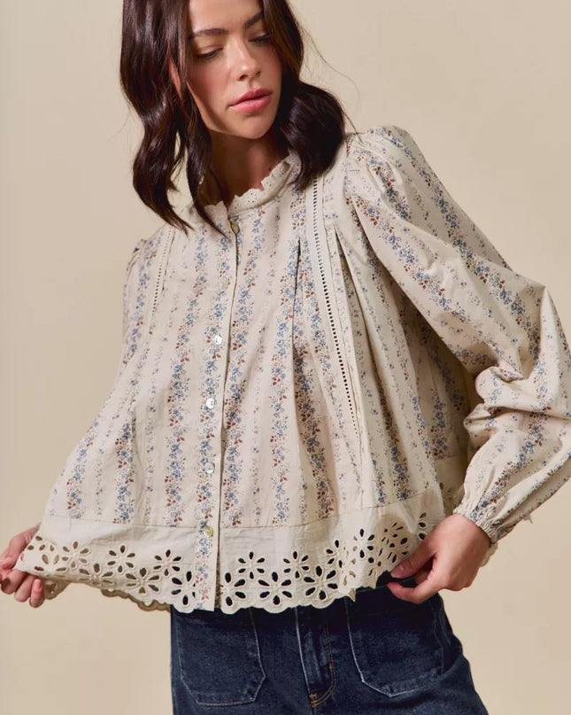 SO ME Floral Print Lace Button Down Shirt - Sleekdenim.com