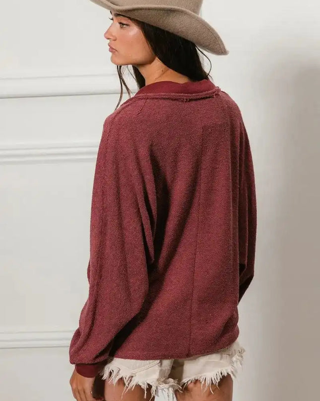 BiBi Cp French Terry Cut Edge Detail Collared Top - Sleekdenim.com